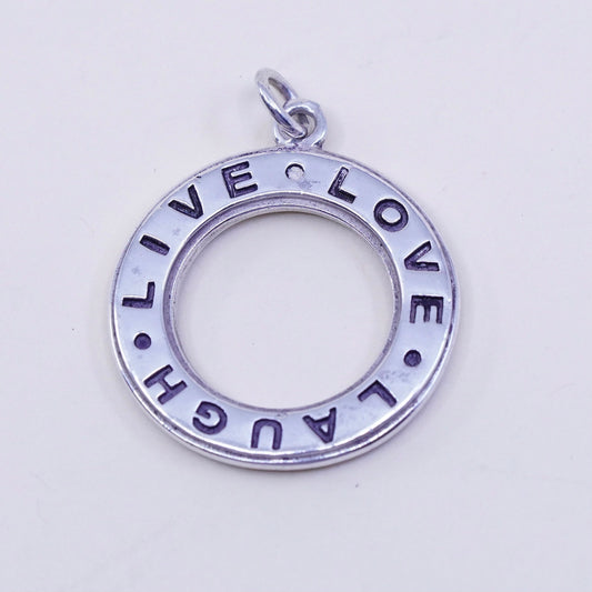 Vintage sterling silver handmade pendant, 925 circle embossed ”live love laugh”