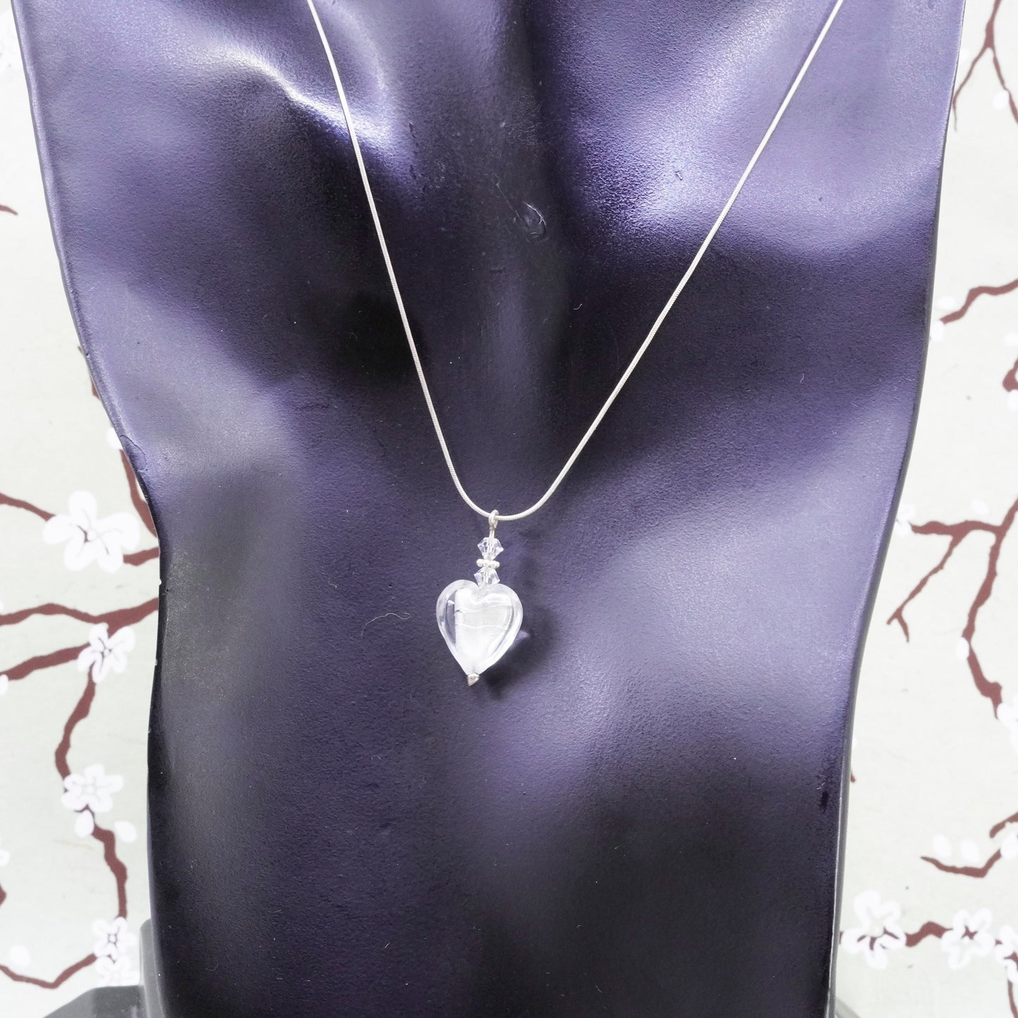 18”, sterling silver handmade necklace 925 snake chain with glass heart Pendant