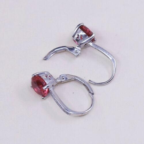 Vtg STERLING SILVER earrings W/ Round ruby dangles N Cz Around, Stamped 925