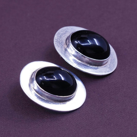 vtg Sterling silver handmade earrings, 925 studs w/ oval obsidian studs