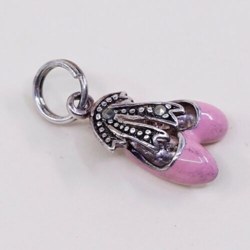 Vintage Sterling 925 Silver Pink Enamel Ballerina Shoes Pendant Charm, Stamped