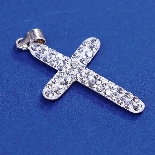 vtg Sterling silver handmade pendant, 925 cross w/ crystal, stamped 925