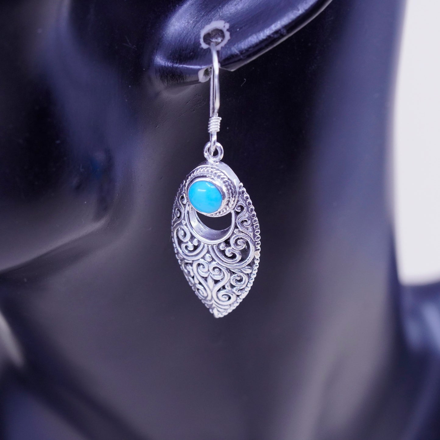 Vintage Sterling 925 silver handmade marquise earrings with turquoise filigree