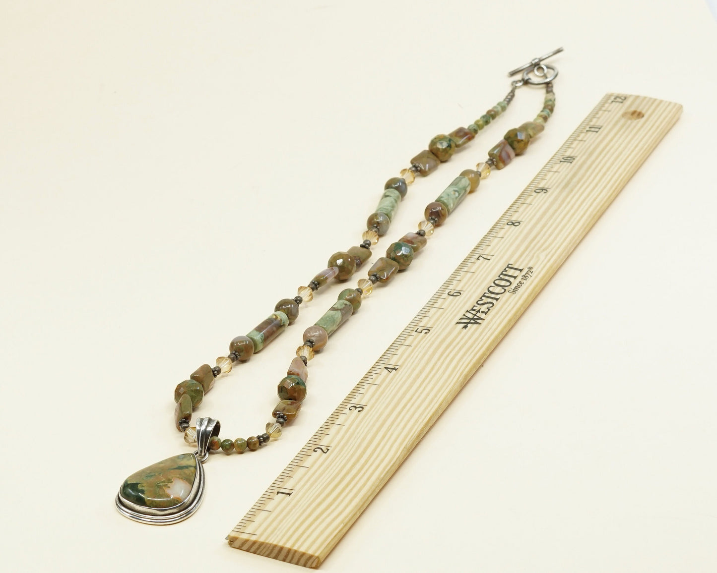 22”, sterling 925 silver handmade necklace unakite N agate beads teardrop agate