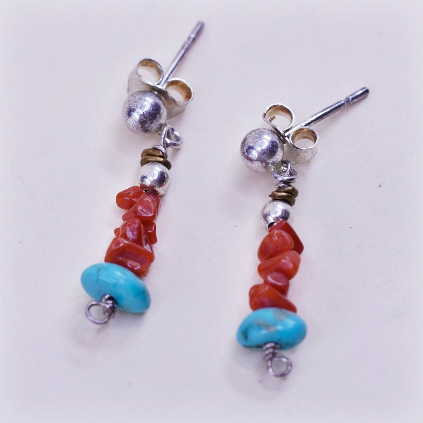 Vintage Sterling 925 silver handmade earrings with turquoise and coral beads