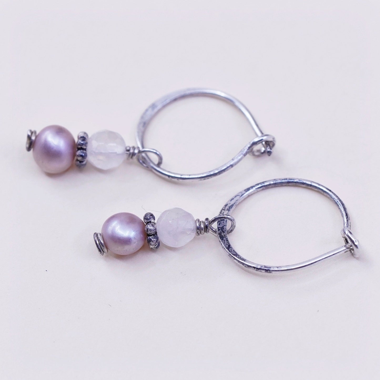 0.5”, Vintage sterling 925 silver earrings, minimalist primitive hoops with pink pearl and crystal, silver tested