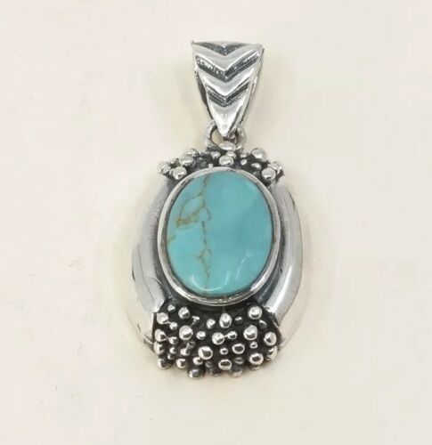 Vtg Sterling Silver Handmade Pendant W/ Oval Shaped Turquoise & Beads Details