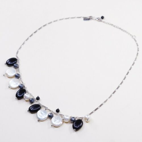 16”+2”, Vtg J Jill 925 Sterling Silver Figaro chain necklace W/ Pearl N Obsidian