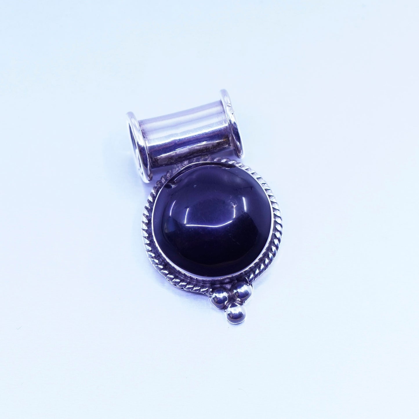 antique Mexico sterling 925 silver handmade pendant with round obsidian cable