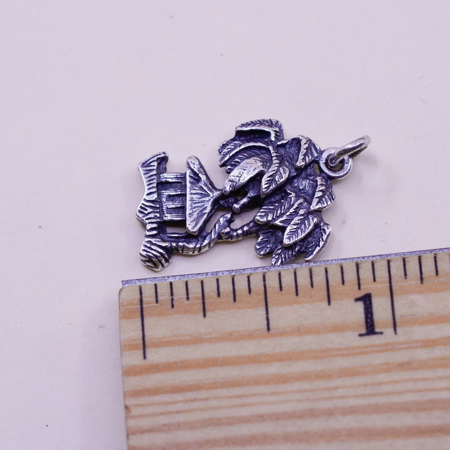 Vintage sterling silver vacation house cottage charm and palm tree, 925 pendant