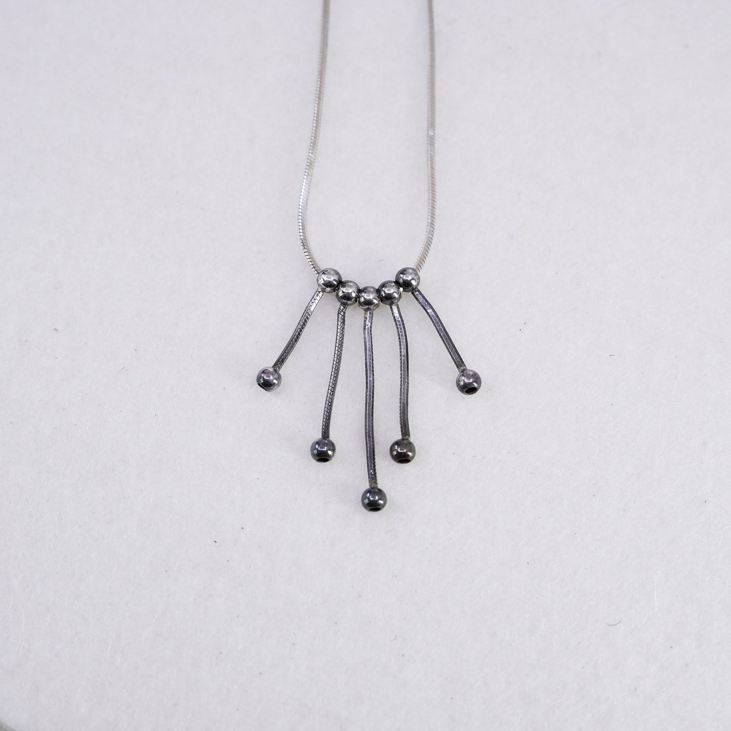 18”, vtg Sterling 925 silver handmade snake necklace with fringe bead pendant
