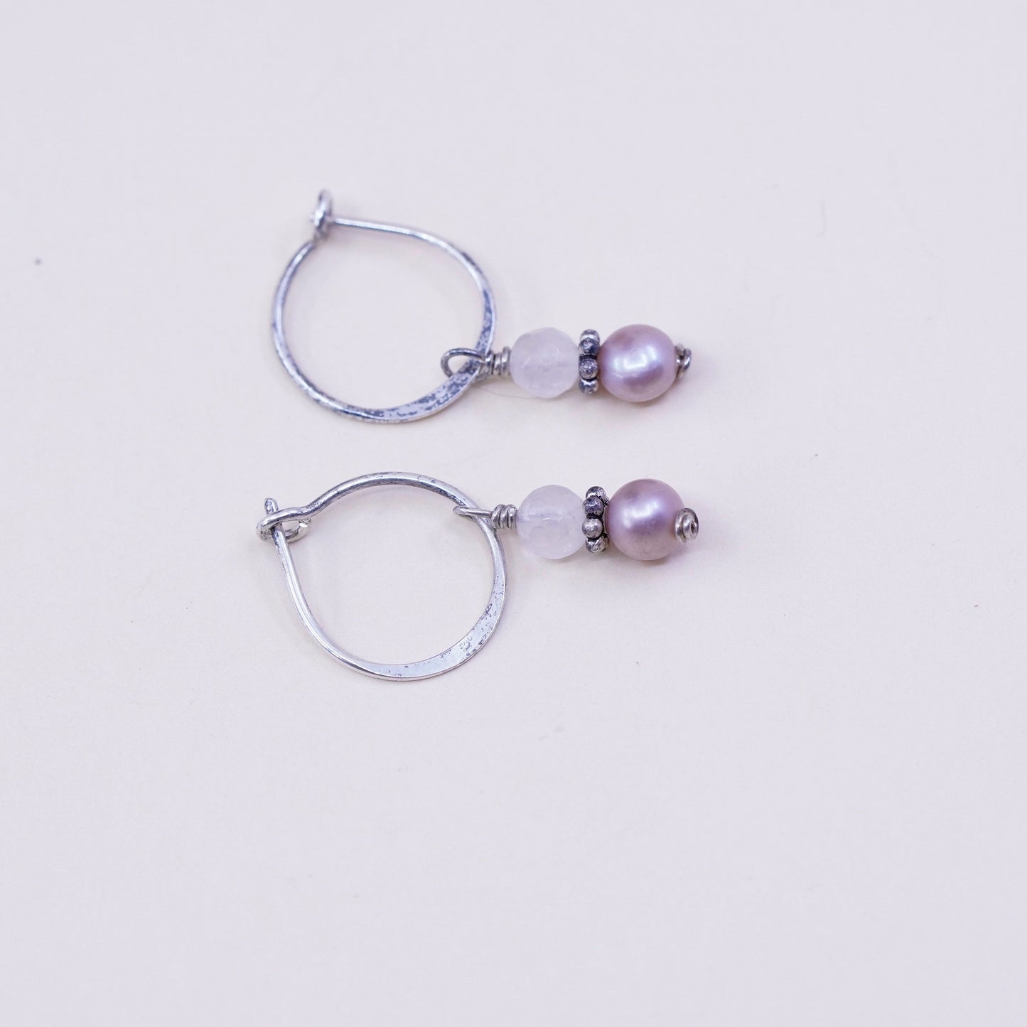 0.5”, Vintage sterling 925 silver earrings, minimalist primitive hoops with pink pearl and crystal, silver tested