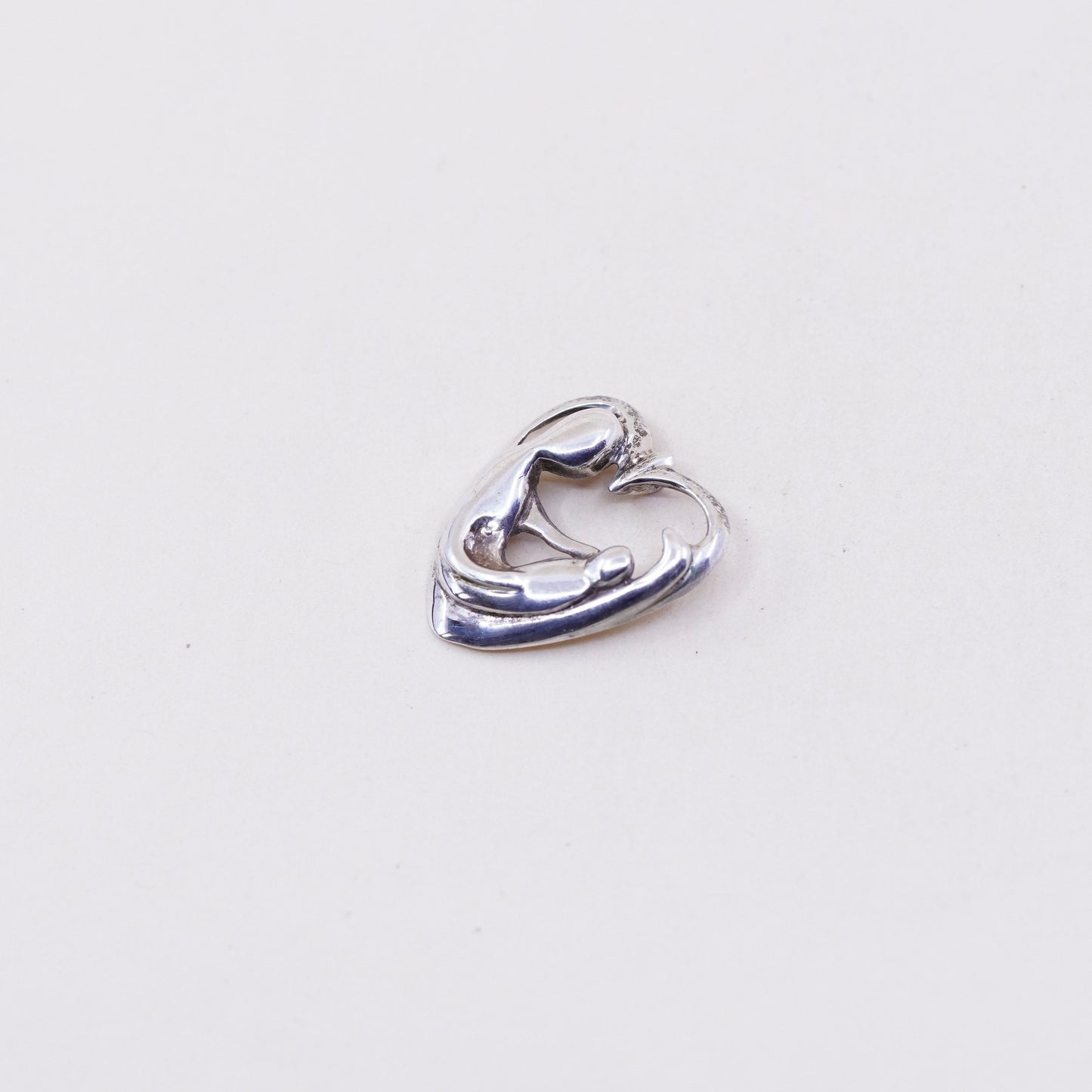 Vintage sterling silver handmade pendant, heart 925 pendant, Mother and baby