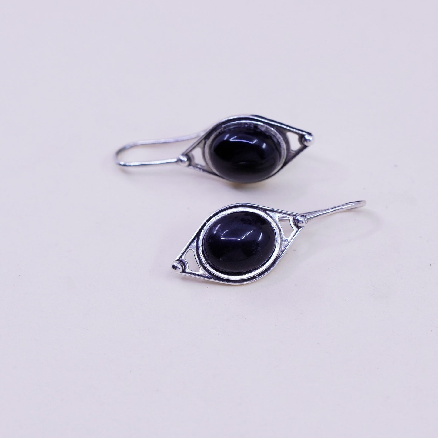 Vintage Sterling 925 silver handmade earrings with oval obsidian, elegant