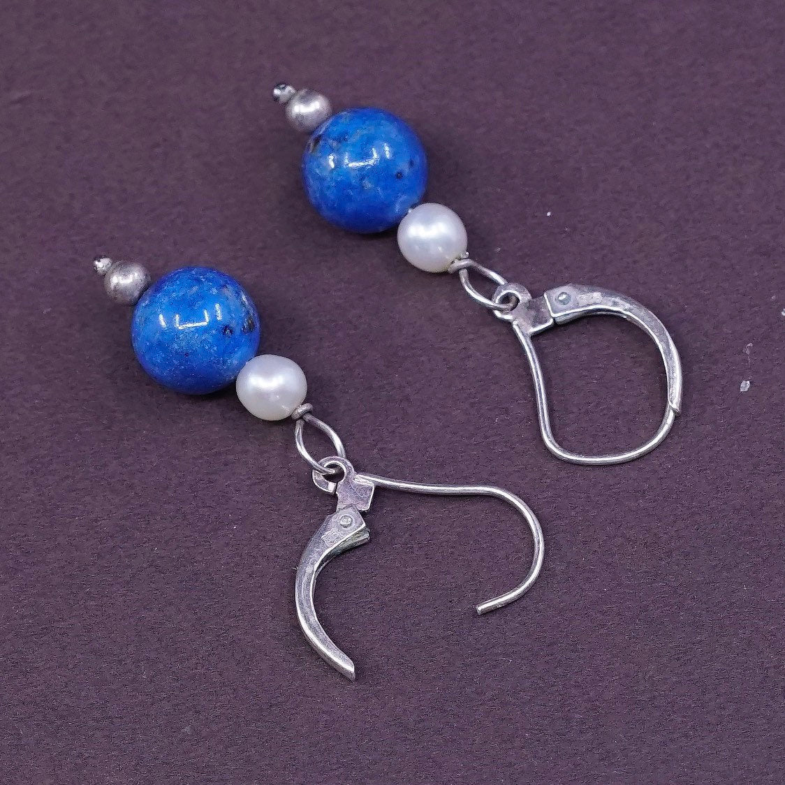 VTG Sterling silver handmade earrings, 925 w/ Sodalite and pearl beads dangle