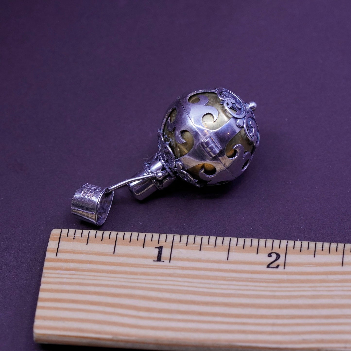 Vtg Two Tone Bali Handmade Sterling 935 Silver Pendant W/ Brass Chime Ball