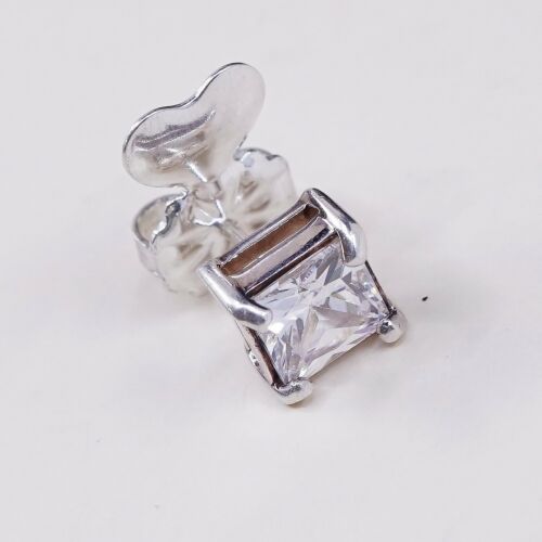 Vtg Sterling Silver Earrings, 925 Silver W/ Square 8mm Cz Studs, Stamped 925