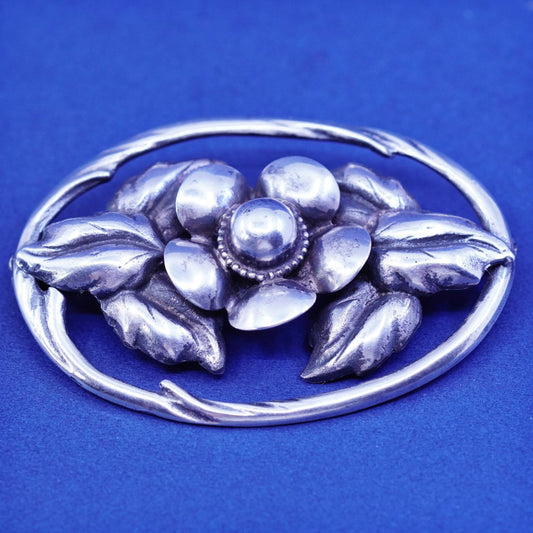 Vintage Sterling 925 Silver Floral handmade brooch, oval flower pin