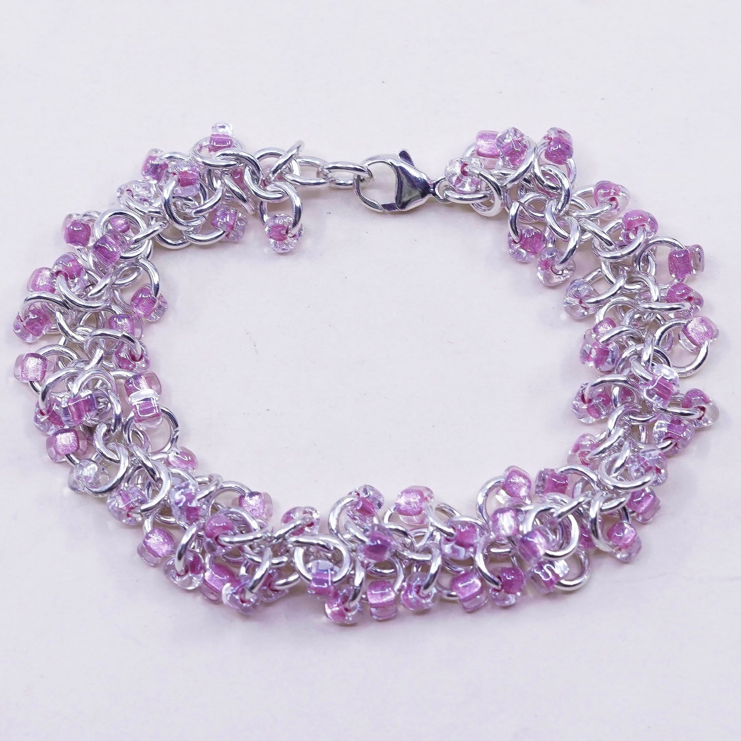 7”, Vintage sterling silver bracelet, 925 circle chain with cluster pink beads