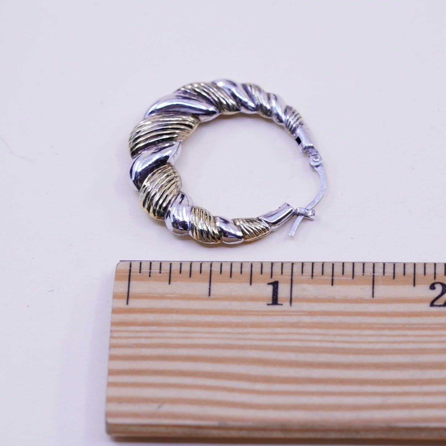 1.25”, two tone sterling silver loop earrings, Ribbed twisted hoops, huggie