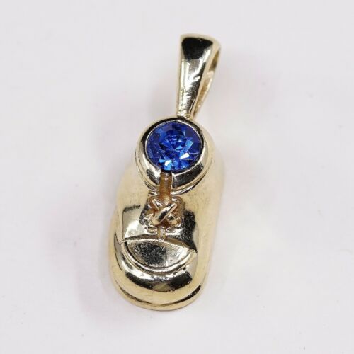 Vtg Vermeil Gold Over Sterling 925 Silver Baby Shoes Pendant Charm W/ Blue Cz