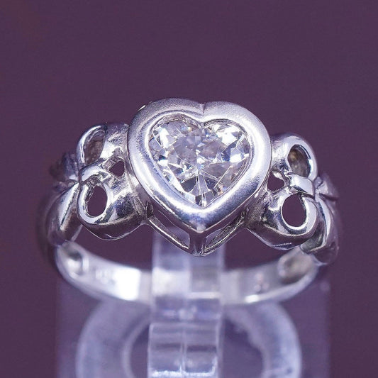 sz 7.25, vtg sterling silver engagement ring, clear crystal heart 925