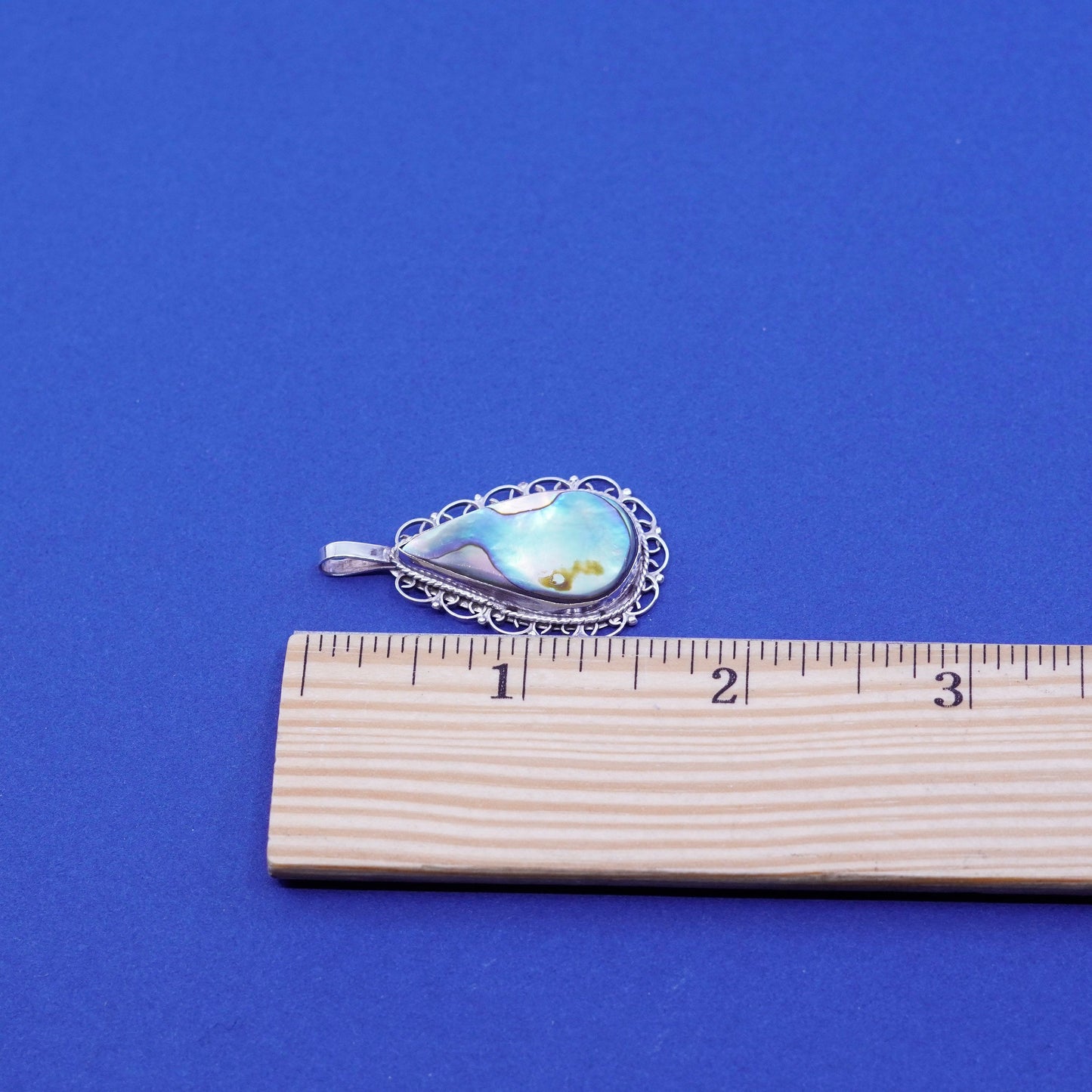 Vintage Sterling silver handmade pendant, 925 teardrop with abalone inlay