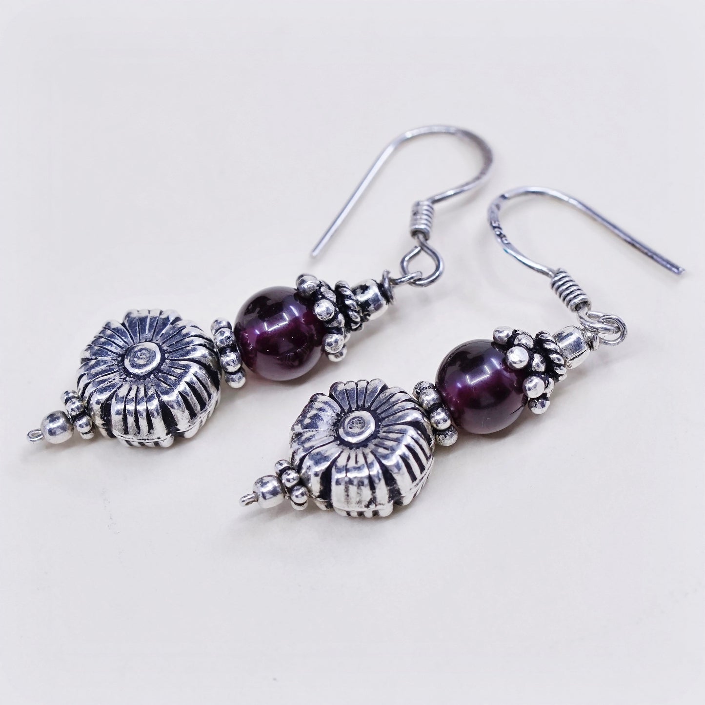 Vintage sterling silver flower earrings, 925 silver with garnet beads