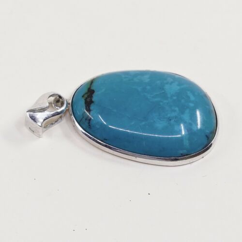 Vtg Sterling Silver Handmade Pendant W/ Huge Oval Shaped Turquoise, Stamped 925