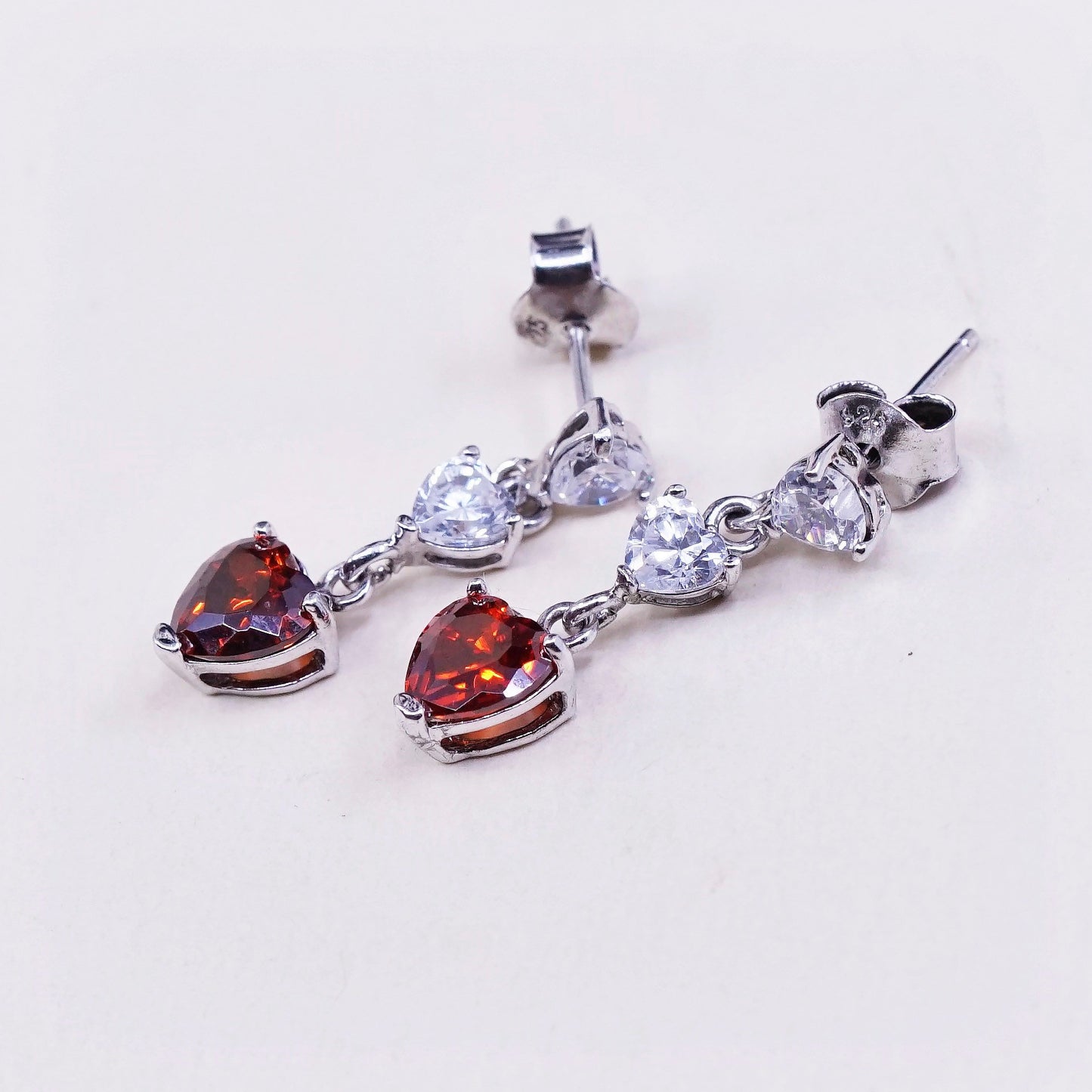Vintage sterling silver handmade earrings, 925 with heart ruby and Cz