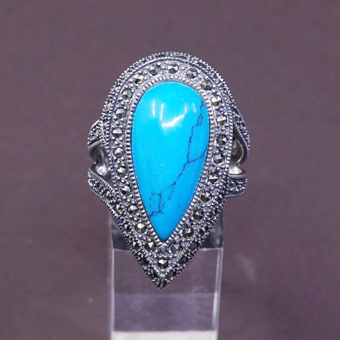 sz 7.25, Sterling silver handmade ring, 925 w/ teardrop turquoise and marcasite