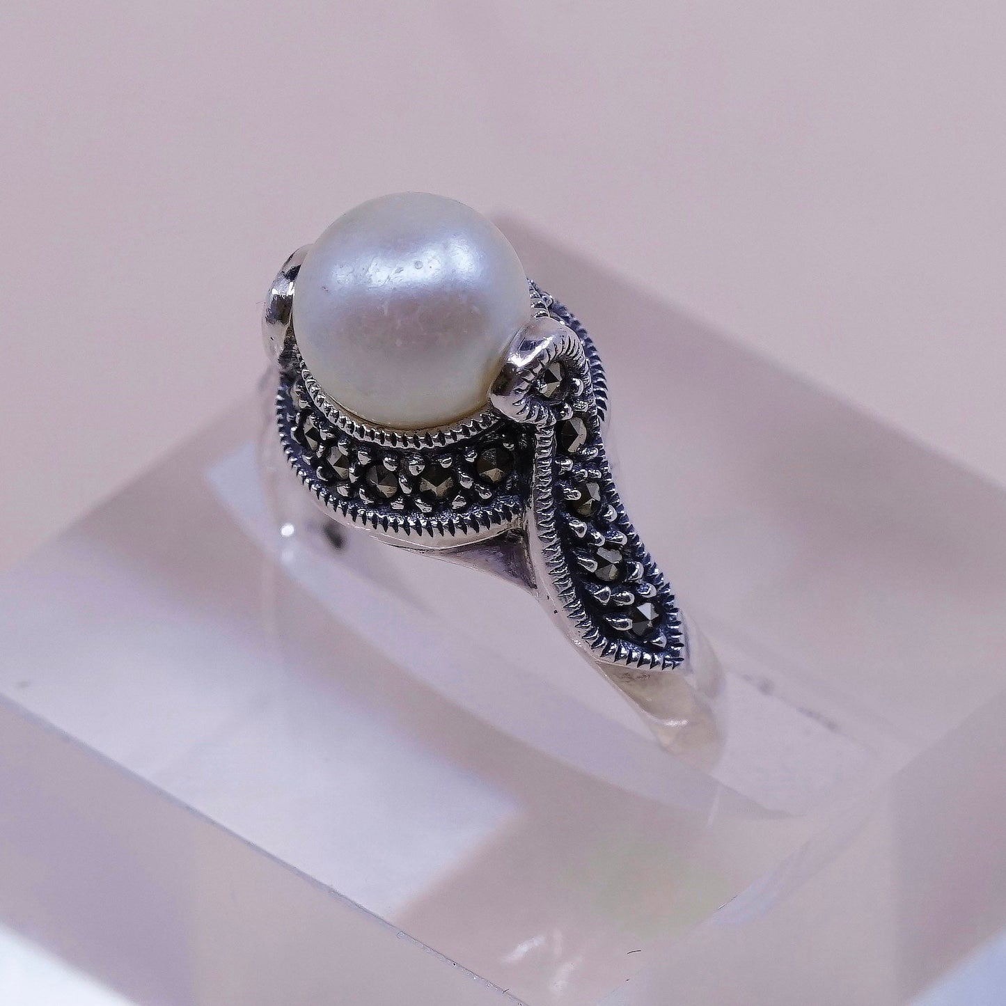 sz 7.25, Judith Jack sterling 925 silver handmade ring w/ pearl and marcasite