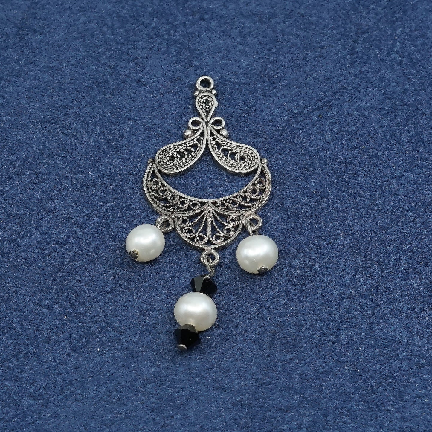 vtg Sterling silver handmade pendant, 925 filigree w/ pearl dangles