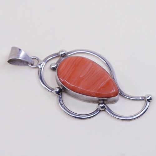 Vtg Huge Mexico 925 Sterling Silver Handmade Pendant W/ Orange agate