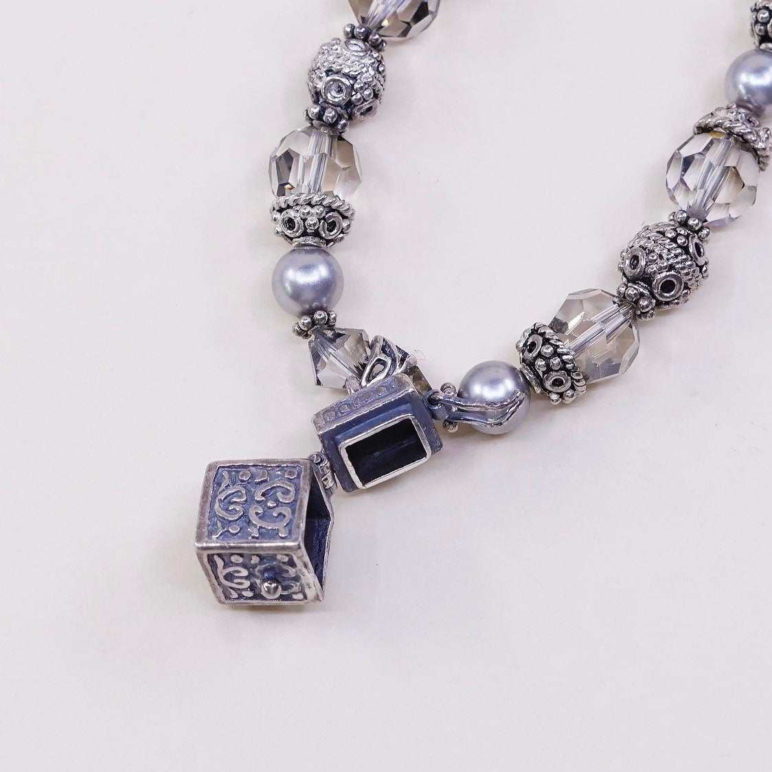 7", Sterling silver handmade bracelet 925 beads w crystal pearl N prayer locket