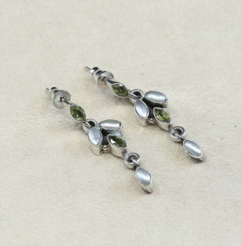 Vtg STERLING SILVER earrings with pearl N Peridot dangles stamped 925
