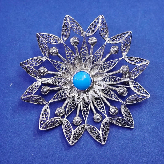 Vintage sterling silver handmade brooch, 925 filigree flower pin with turquoise