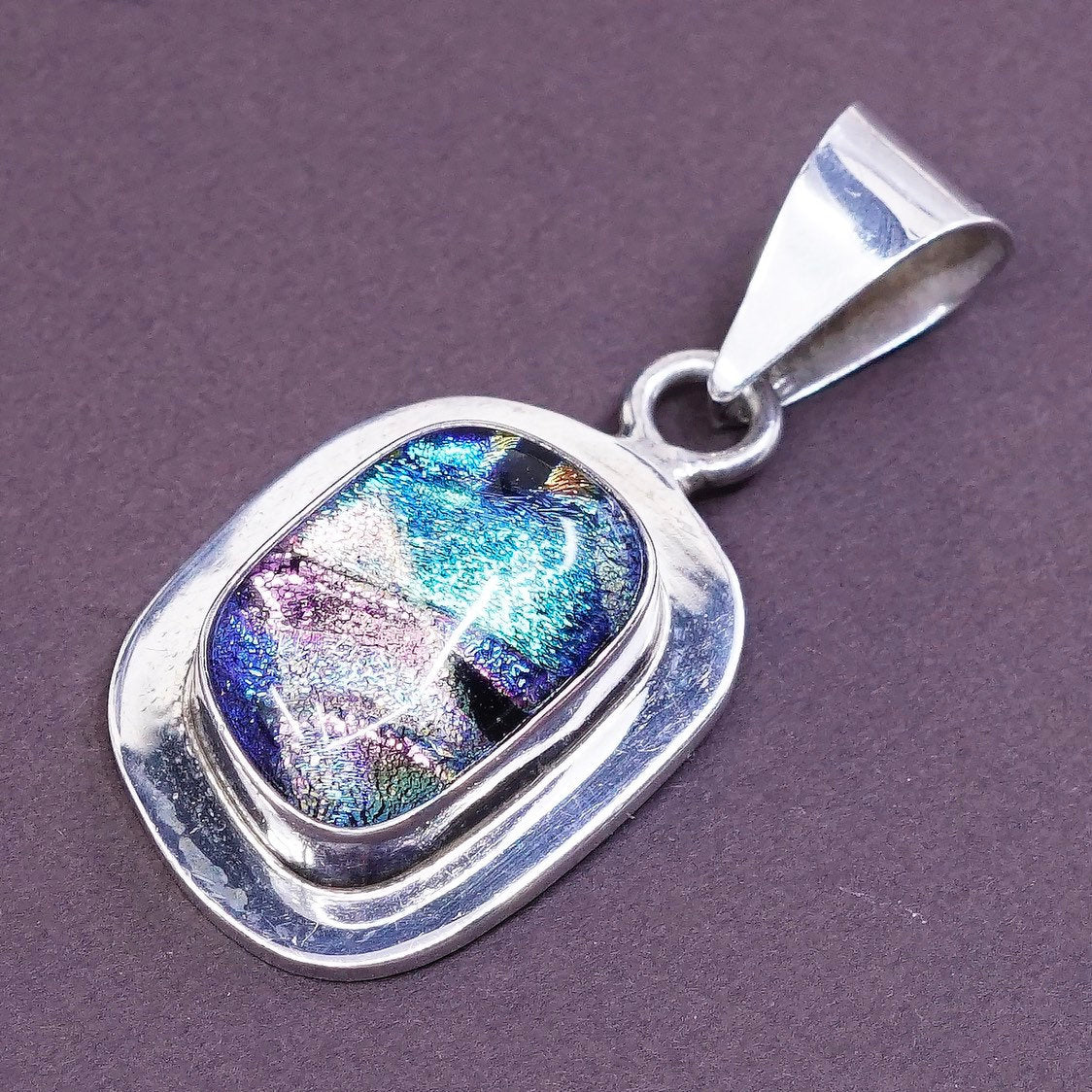 VTG Sterling silver handmade pendant, solid 925 silver with blue foil glass