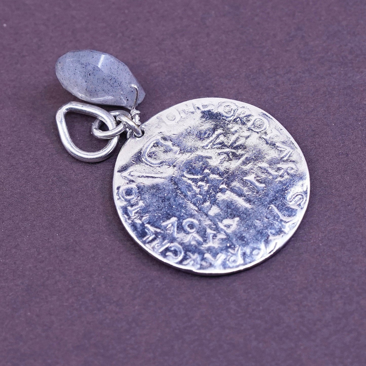 vtg Sterling silver handmade pendant, 925 greek pattern N teardrop labradorite