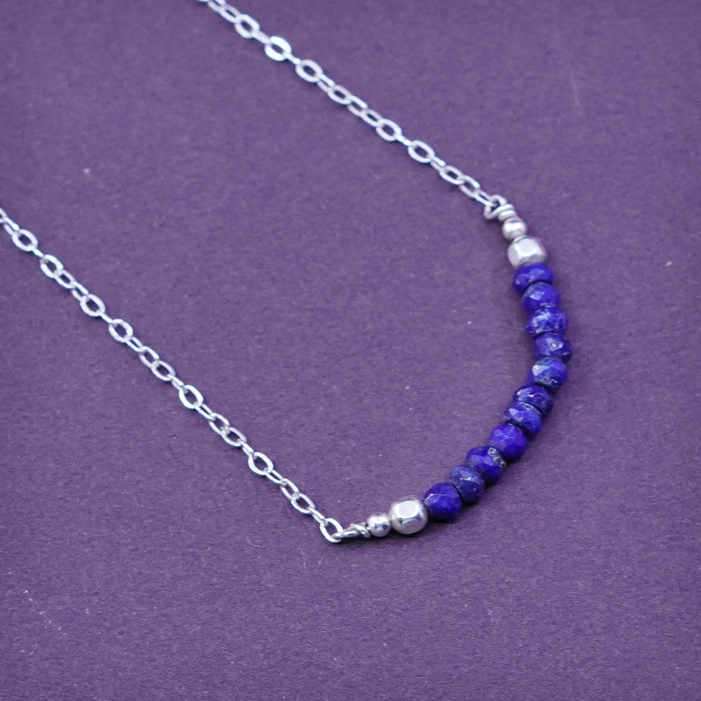 18”, sterling silver handmade necklace, 925 circle chain with lapis bar pendant