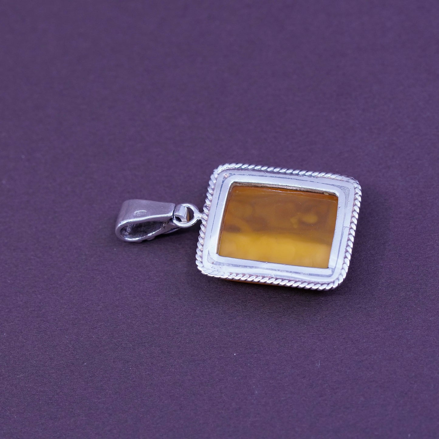 Vintage mexico Sterling 925 silver handmade pendant with Amber and cable