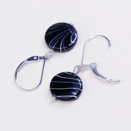 Vtg Sterling Silver handmade Earrings, 925 Silver W/ Black Agate Bead