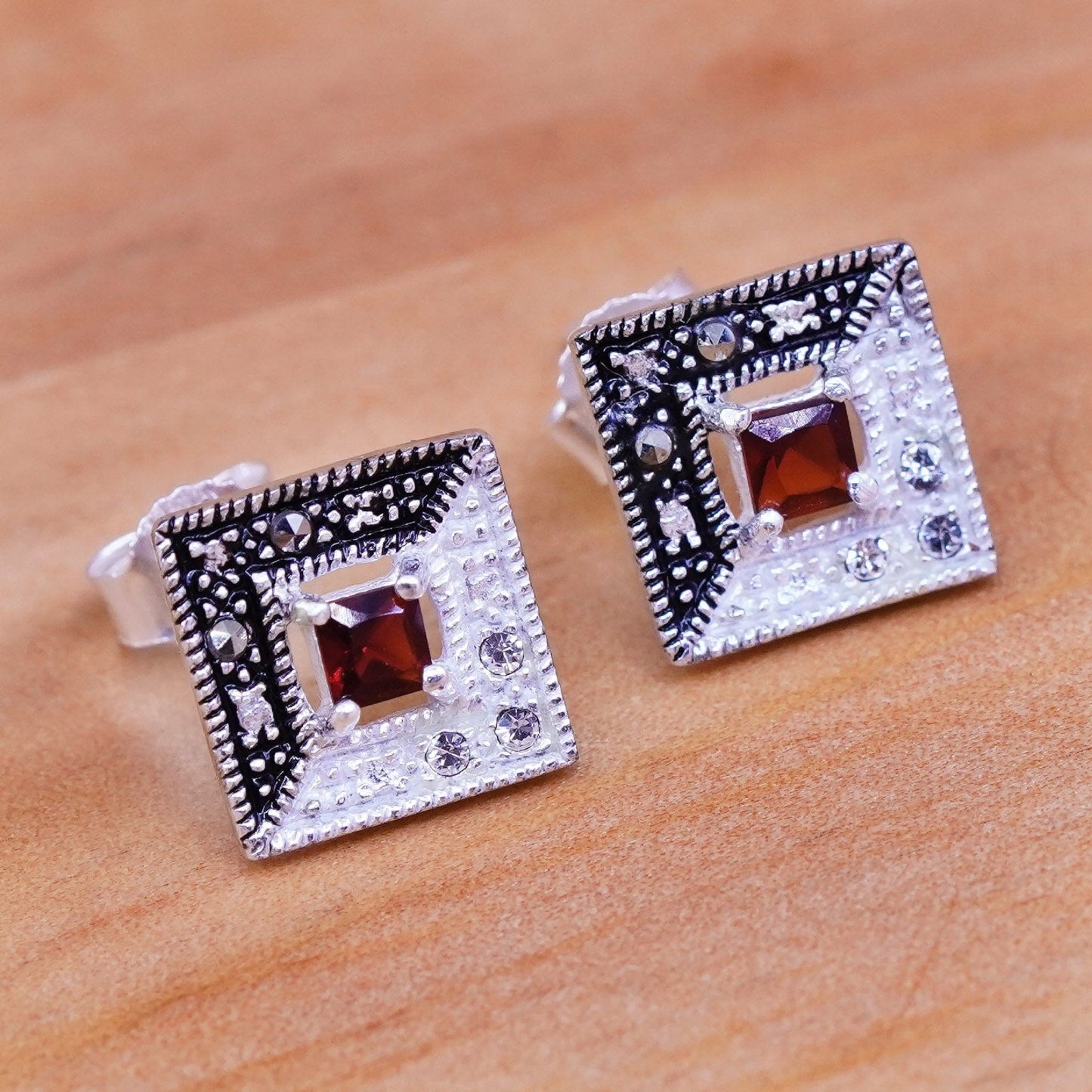 Sterling Silver Handmade Earrings, 925 Square studs with ruby Marcasite and Cz