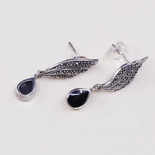 vtg Sterling silver handmade earrings, 925 drops w/ obsidian n marcasite