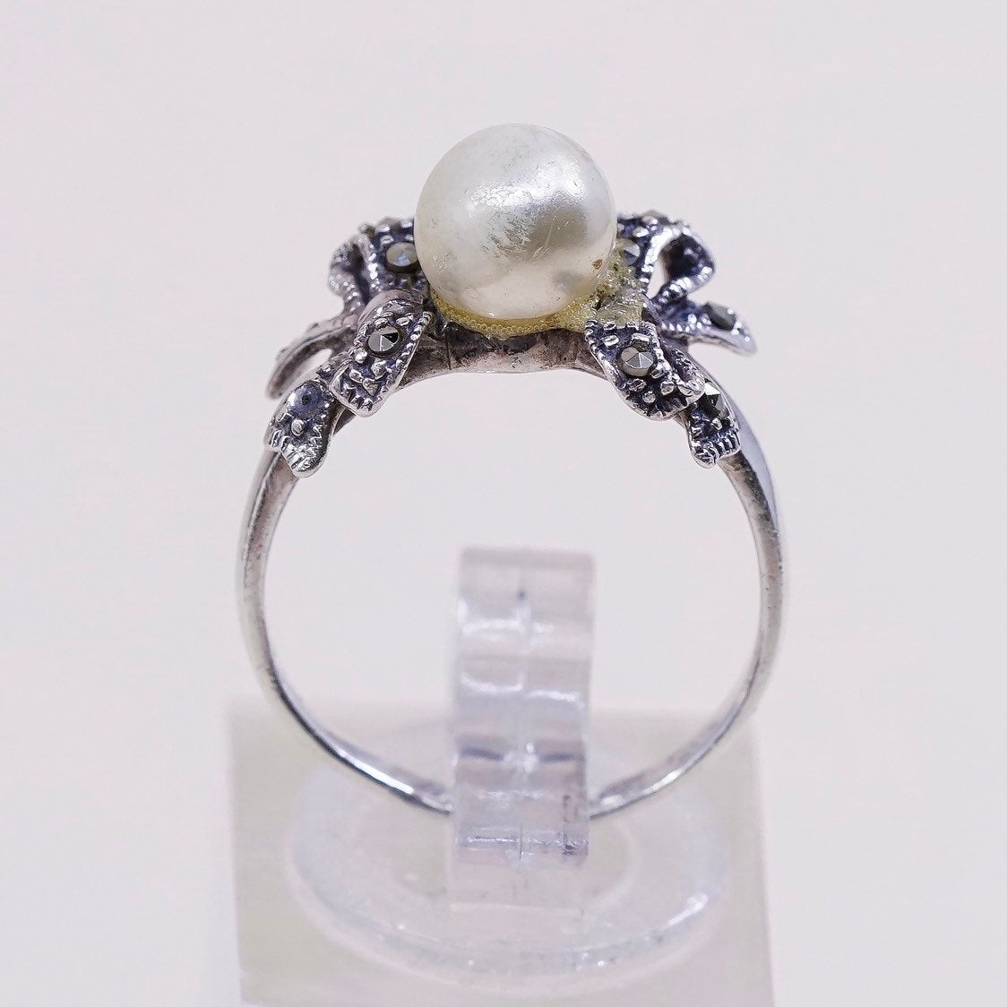 sz 6.75, vtg sterling silver handmade ring, 925 w/ faux pearl n marcasite