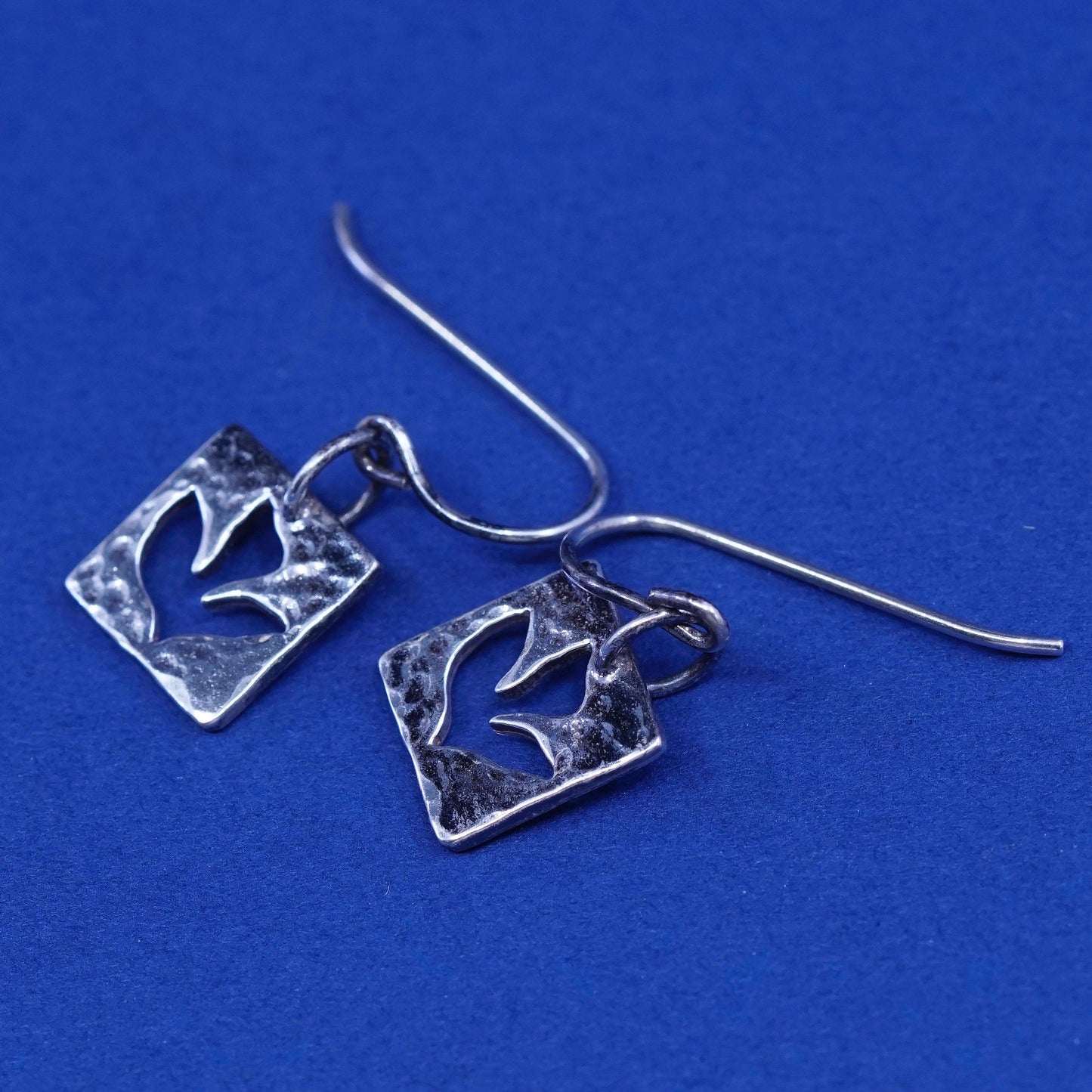 vtg sterling silver handmade earrings, 925 square drops w/ leaf cutout