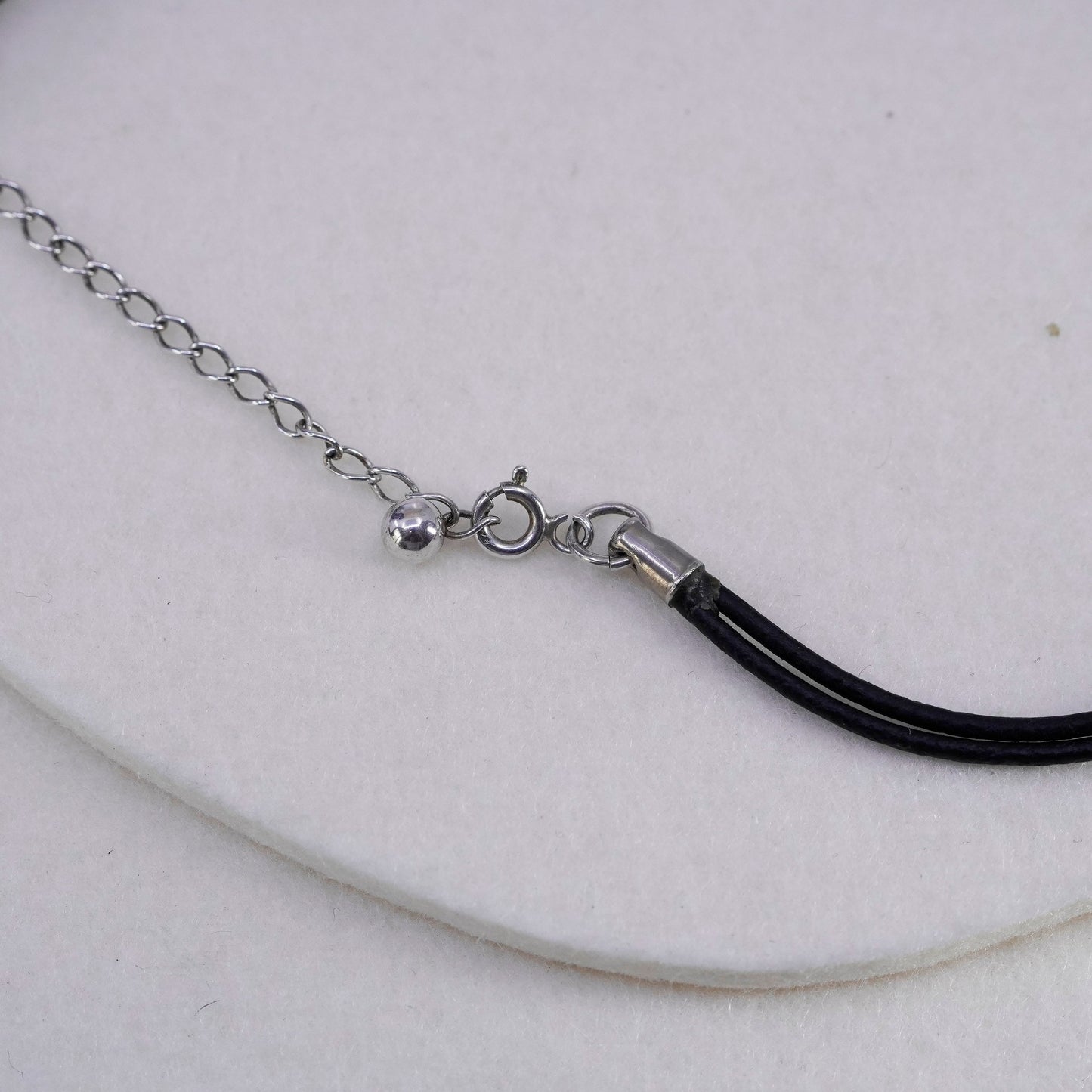 14+2”, 925 Sterling Silver Handmade black Leather Necklace with blue glass