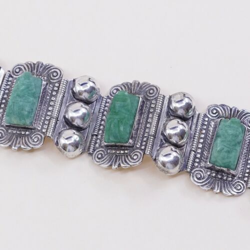 6.5” Vtg Plath Sterling Handmade Bracelet, Taxco 925 Silver W/ Jade Warrior Face