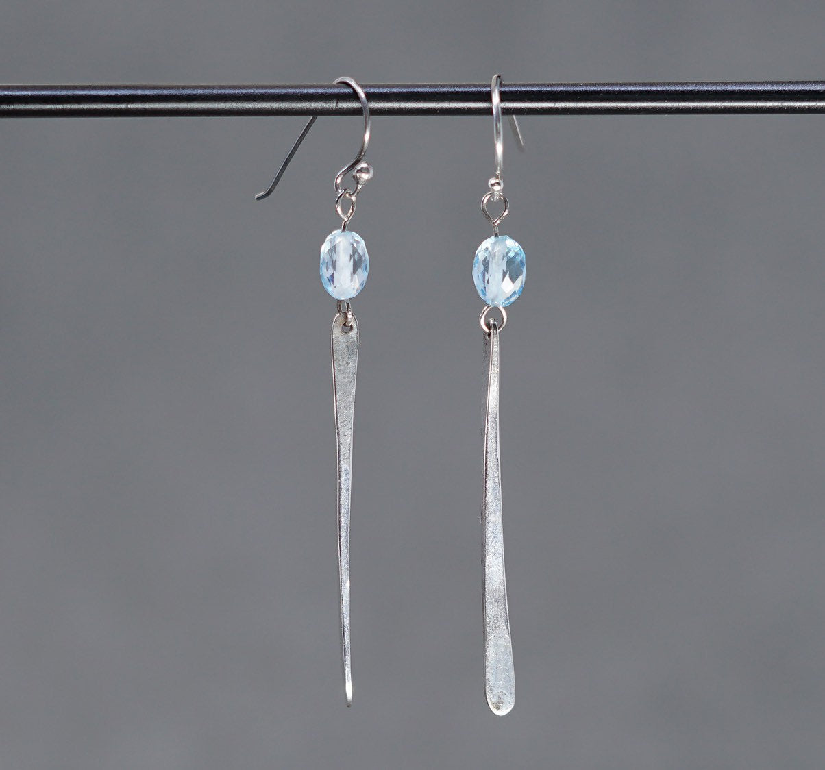 vtg Sterling silver handmade earrings, 925 long drops w/ blue crystal beads