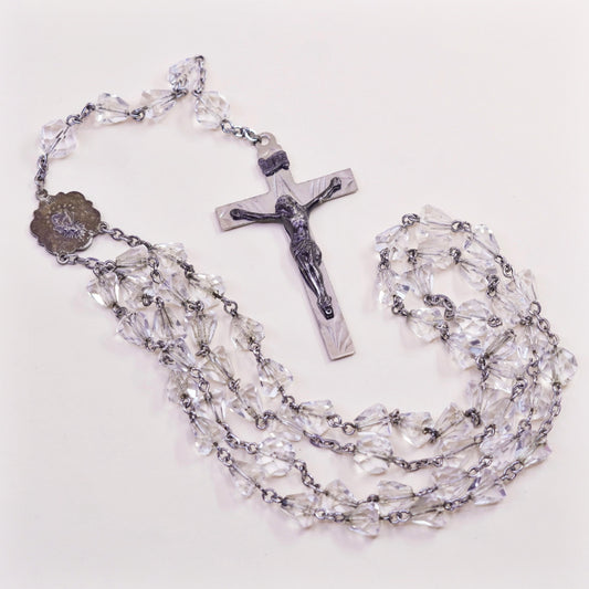 30”, sterling 925 silver rosary necklace with cross pendant and crystal beads